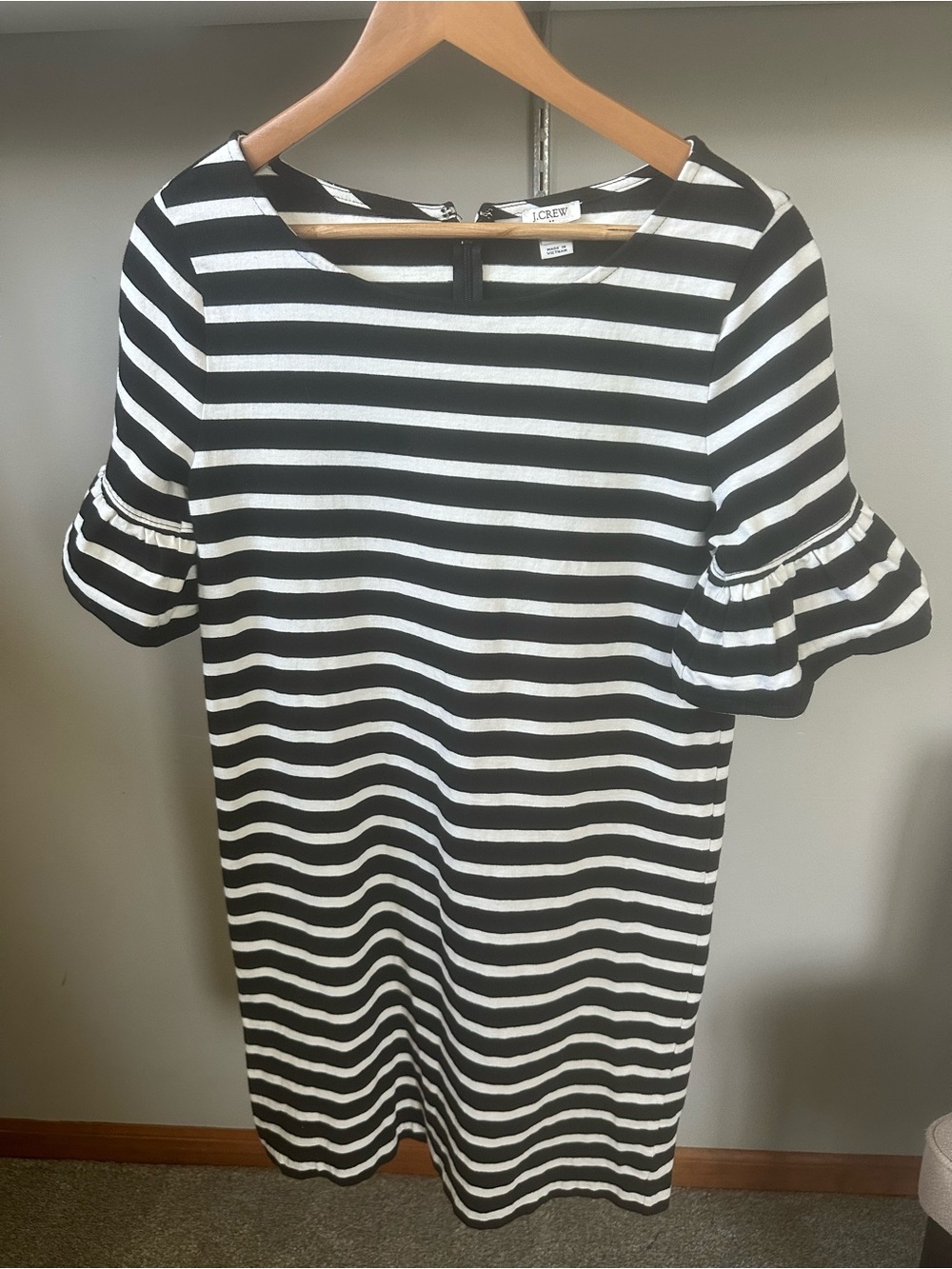 J. Crew Black & White Striped Ruffle Sleeve Midi 100% Cotton Dress Size S EUC